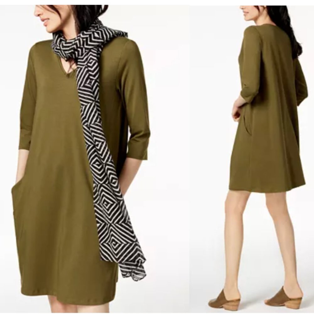 EILEEN FISHER Green Organic cotton Pocketed 3/4 Sleeve V Neck Shift Dress szPM